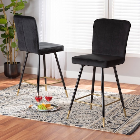 Baxton Studio Preston Modern Luxe and Glam Black Velvet Upholstered and Two-Tone Metal 2-Piece Bar Stool Set Set of 2 190-11783-ZORO